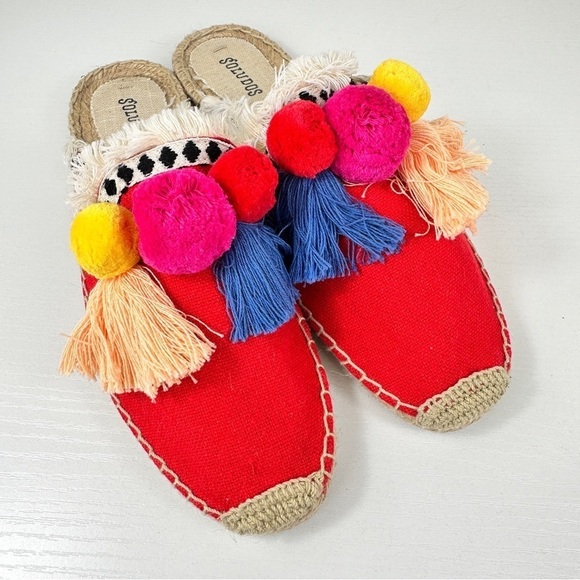 Espadrille Slides Tassel Soludos Pom Red Yellow Blue Colorful Loud Size 8.5 - Picture 3 of 10